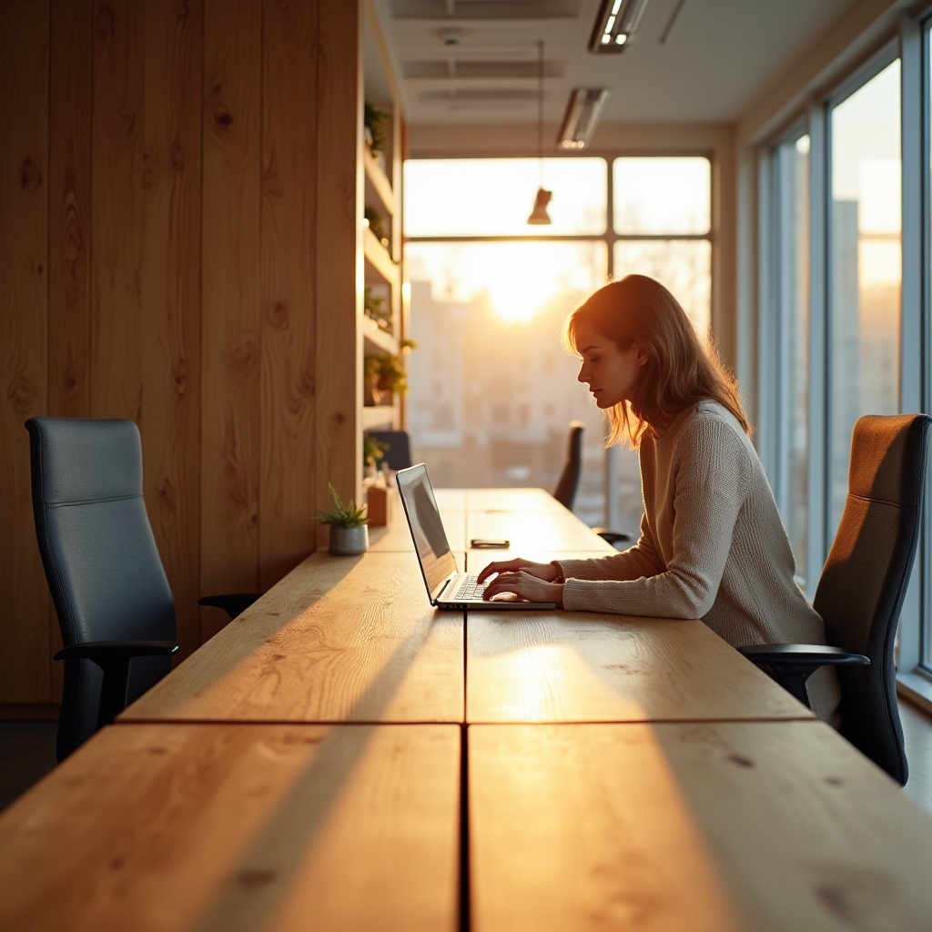 Birouri din stejar masiv într-un spațiu de coworking luminos