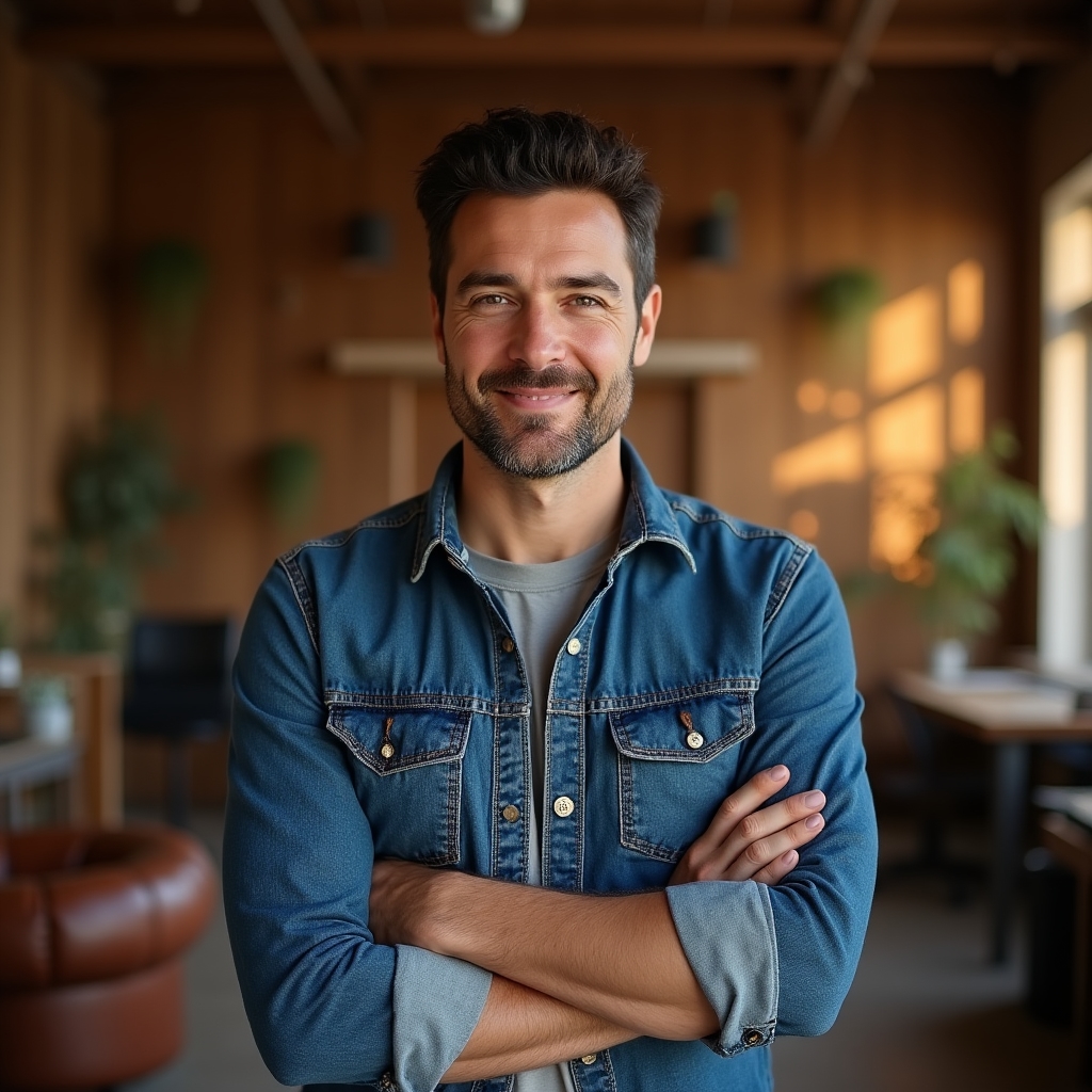 Portret al fondatorului atelierului Planirro, în ținută office-casual, într-un spațiu cu mobilier din lemn masiv