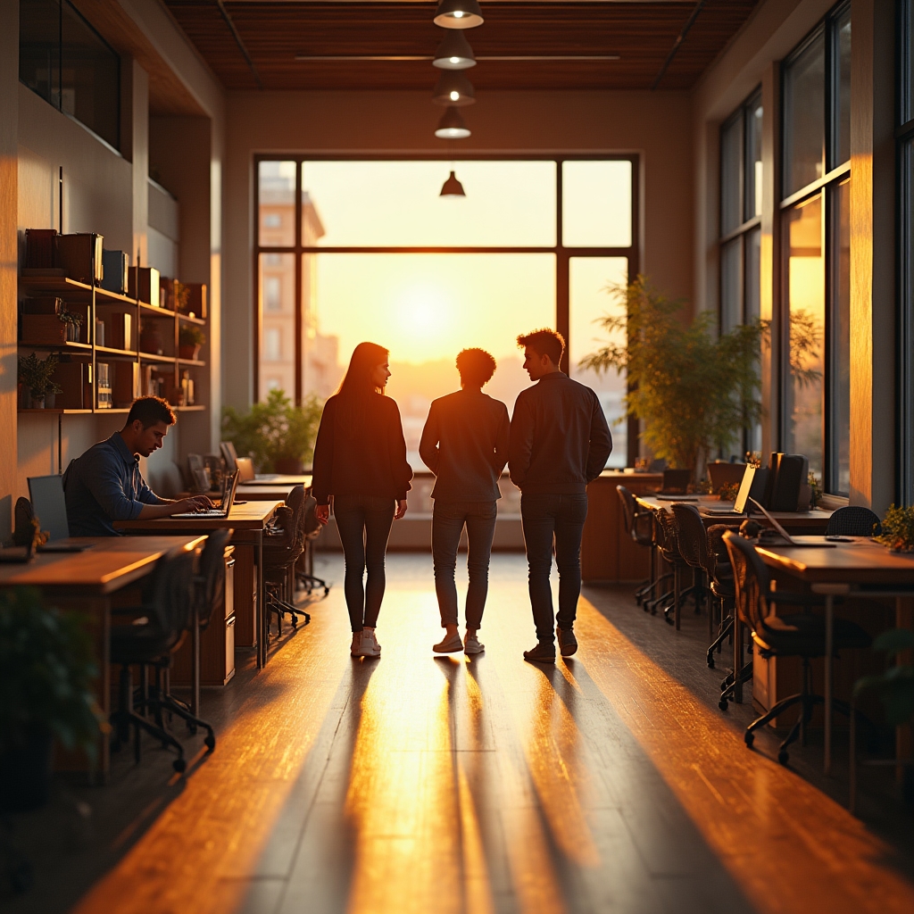Spațiu de coworking mic amenajat complet cu mobilier din lemn masiv
